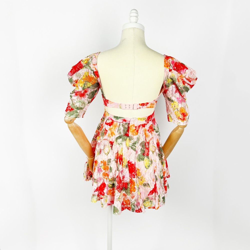 NWT For Love and Lemons Dascha puff sleeve minidress pink floral size XS - Picture 2 of 7
